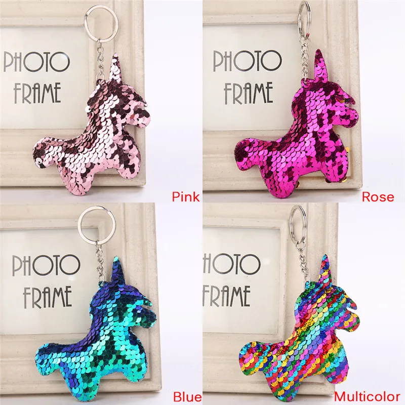 Cute Shiny Unicorn Horn Glitter Pompom Mermaid Sequins Key Ring Gifts for Women Mujer Charms Car Bag Accessories Horse Key Chain