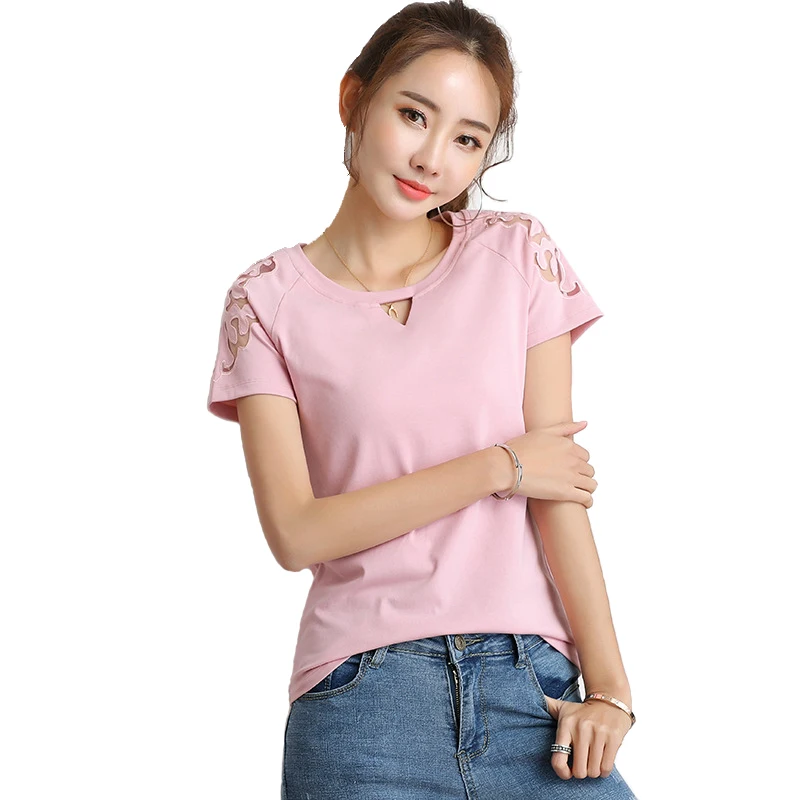 

Cotton T-shirts Women Embroidery Hollow Out T Shirt Solid O-neck Short Sleeve Tops 2019 New Fashion Summer Female Clothing