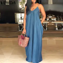 Длинные пляжные макси платья 2019 VONDA женские сексуальные с открытыми плечами V шеи деним повседневное платье в богемном стиле Vestidos плюс