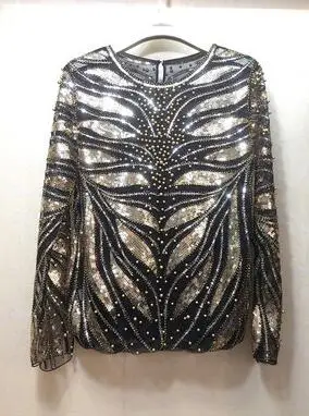 Европейская подиумная Тяжелая кружевная блузка с бисером, топ, модные блузки для женщин, с длинным рукавом, с вышивкой, женская одежда blusa camisa - Цвет: gold