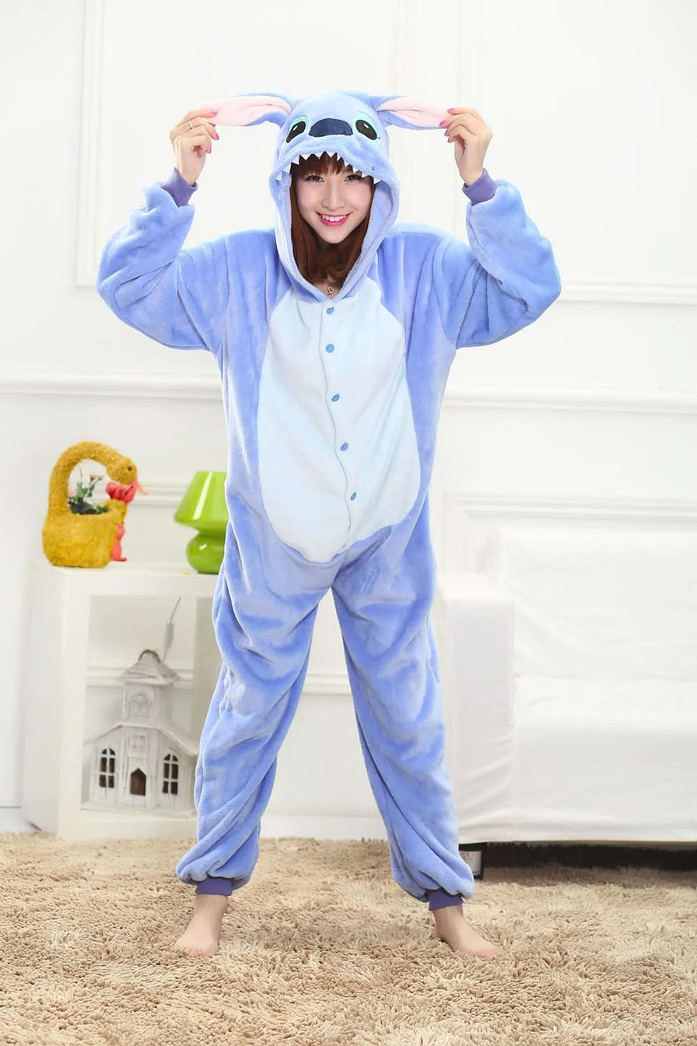 Для взрослых аниме Хэллоуин Косплей Костюм Onesie женские костюмы мультфильм животных пижамы Ститч Единорог Покемон зима теплый - Цвет: blue stitch