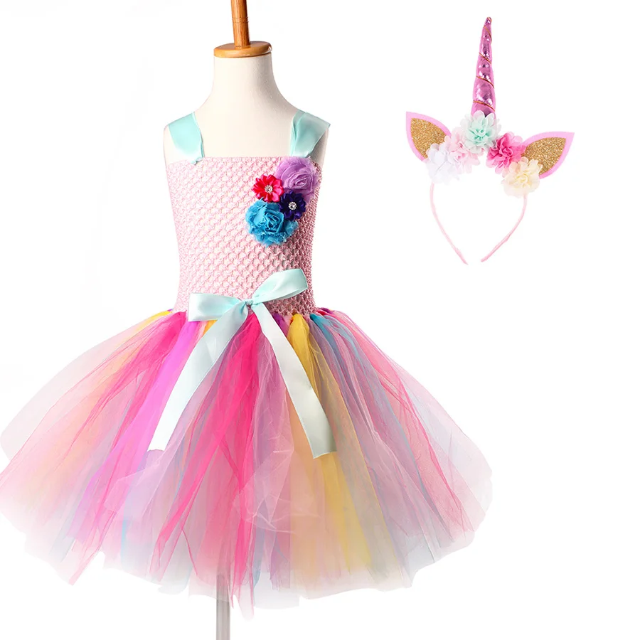 Girls Unicorn Halloween Tutu Dress with Head Hoop Kids Flowers fancy Dress (2)