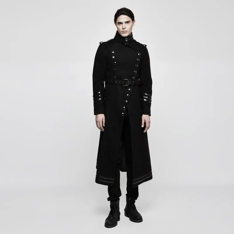 Gothic Military Metal Button Belt Black Winter Wool men Uniform Worsted coat Fashion Palace noble Long jackt Punk Rave Y-766