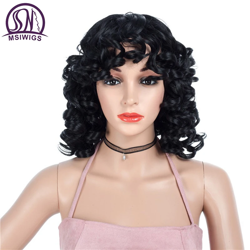 MSIWIGS Ombre блондинка вьющиеся короткие парики с челкой черный синтетический