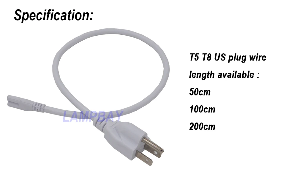 4-200pcs T5 T8 US Plug Cable 50cm 100cm 200cm 3