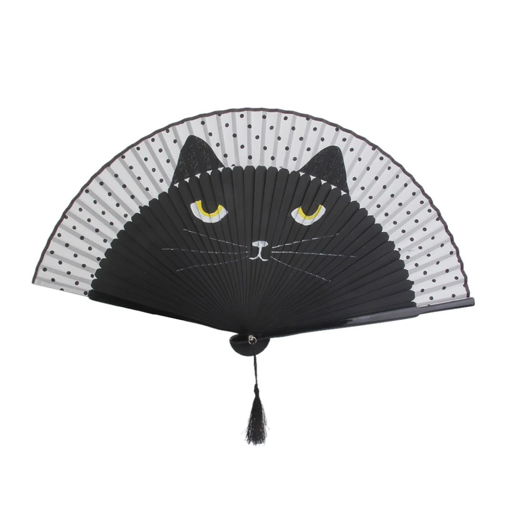 

1 PC Creative Women Cartoon Cat Folding Silk Fan Practical Handheld Fan For Home Office Gifts Party Supplies (Black)