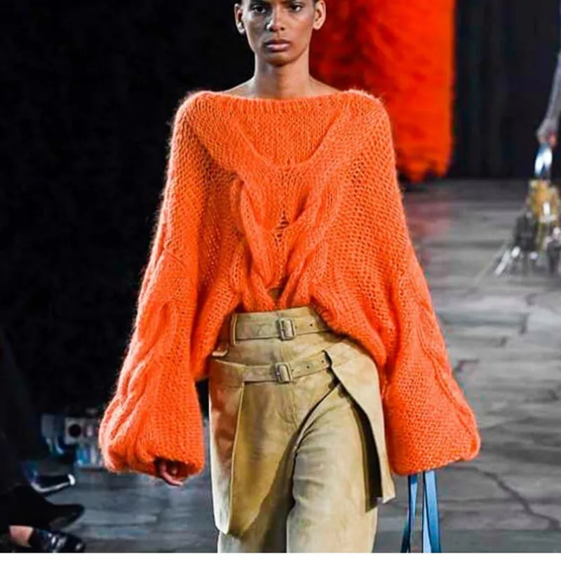 

Mohair wild Lantern sleeve sweater 2019 autumn winter fashion temperament women's loose casual solid color pullover sweater