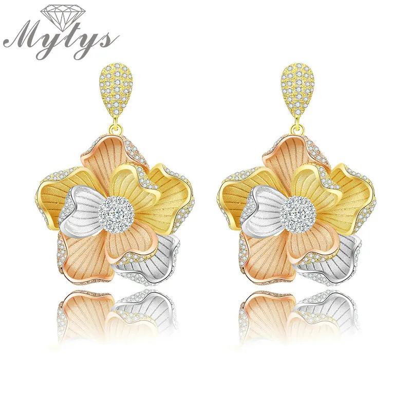 

Mytys Brand Three Tone Gold Dangle Drop Flower Earrings Fashion Ethnic Metal Floral Cubic Zirconia Statement Earrings CE517