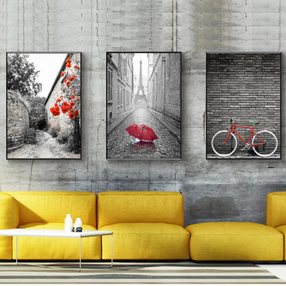 Nordic Simple Red Bicycle Canvas Painting Tower Poster Landscape Paintings for Living Room Wall Decorative Picture