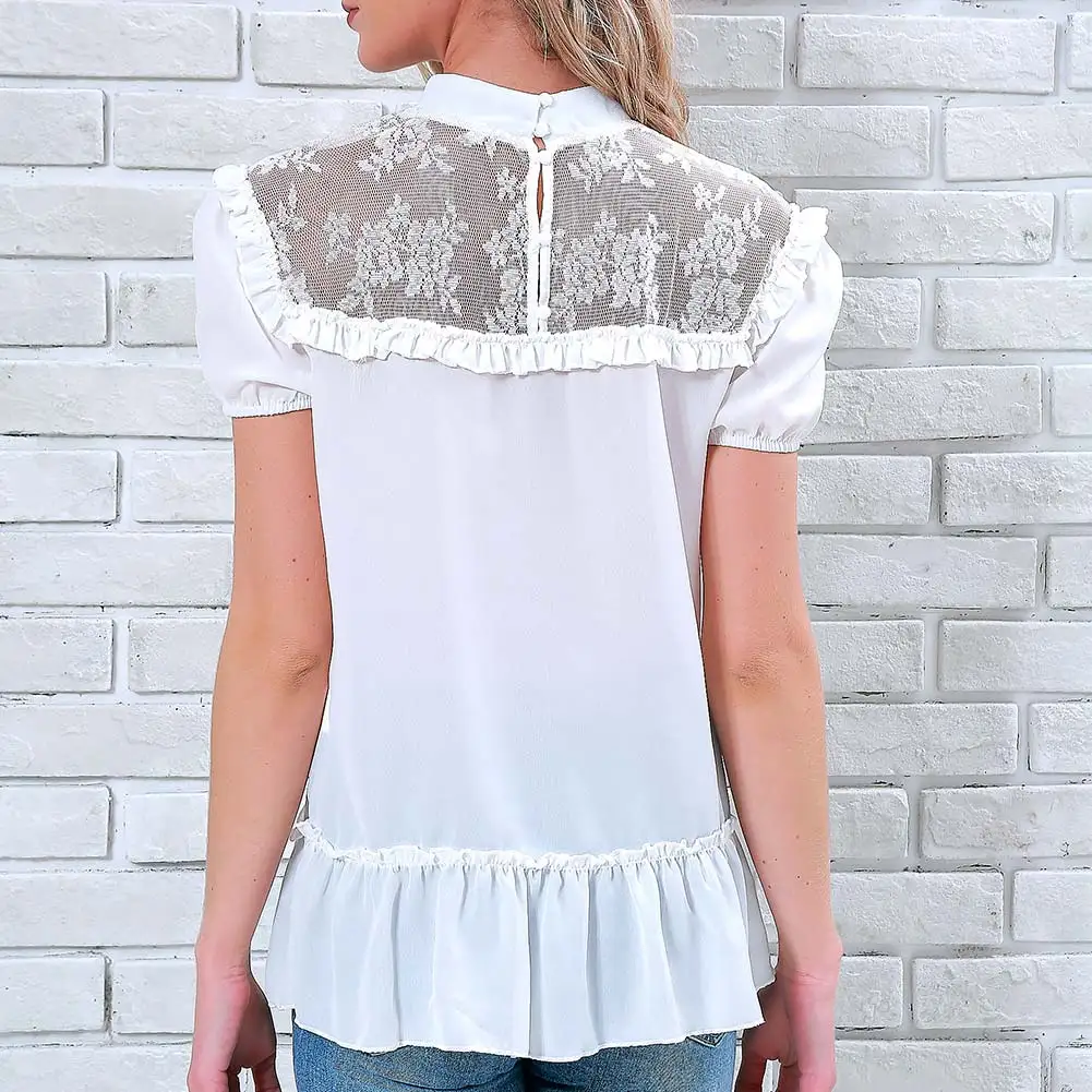 

New Arrival Summer Women Chiffon Short Sleeves Ruffles Lace Patchwork Tops Lady Girl Casual Blouse