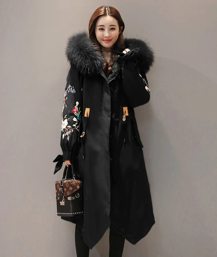 Зимняя женская куртка с воротником из натурального меха, парка с вышивкой и капюшоном, стеганое пальто, новинка, теплое пальто, Abrigos Mujer Invierno YP1636