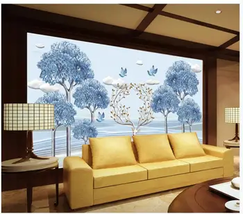 

Custom 3d Mural Wallpaper Embossed blue forest sika deer landscape TV background wall Living Room Wallpaper 3D Painting