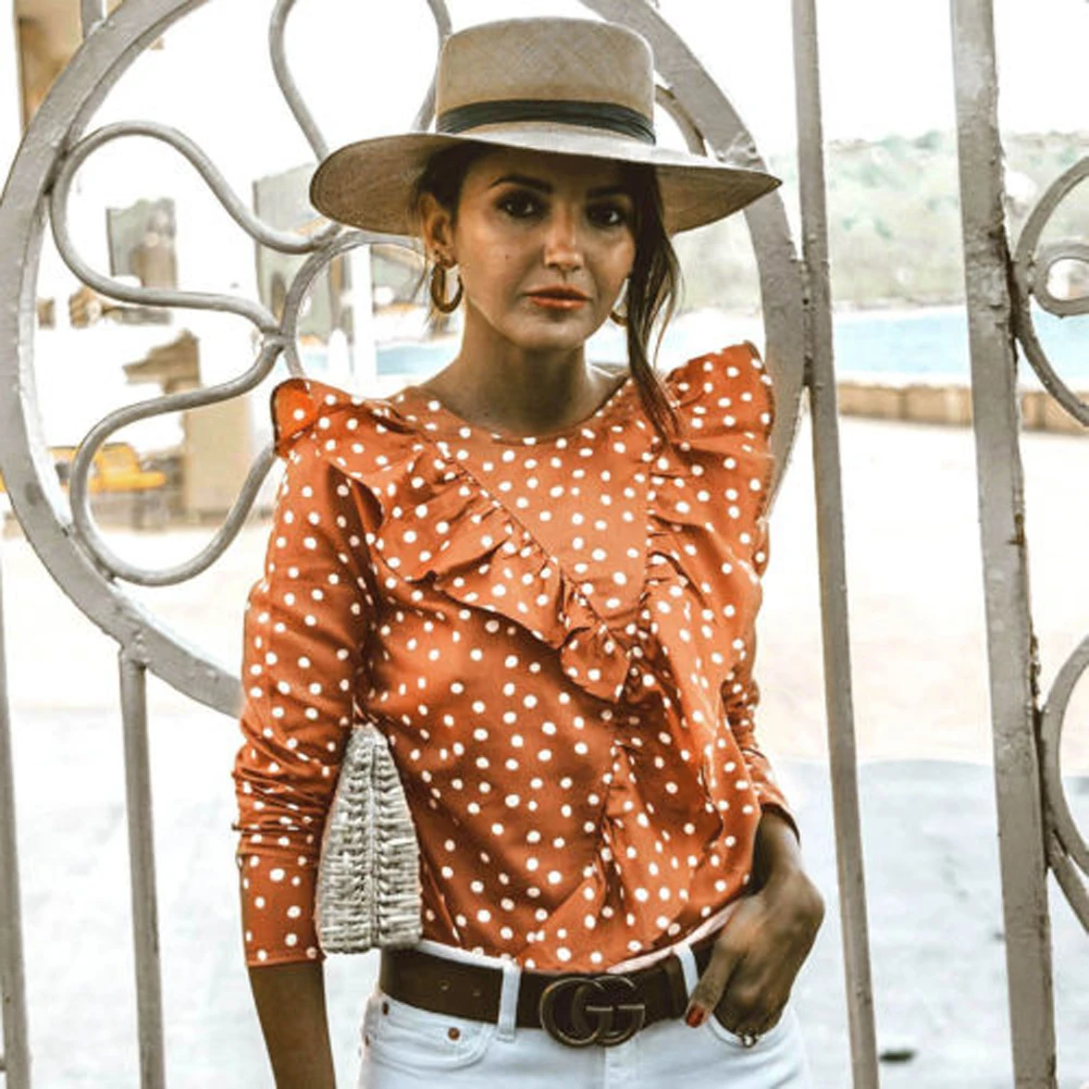 

2019 Brand New Summer Ladies Women Casual Polka Dot Ruffle Rolled Sleeve Tops Ladies Office Shirts Elegant