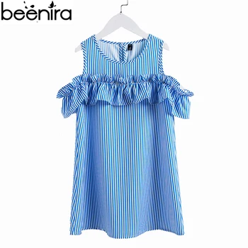 

BEENIRA Summer Girls Dress Baby Blue Striped Bare Shoulder Naval Style Ruffles Vestido Children Casual Beach Clothing