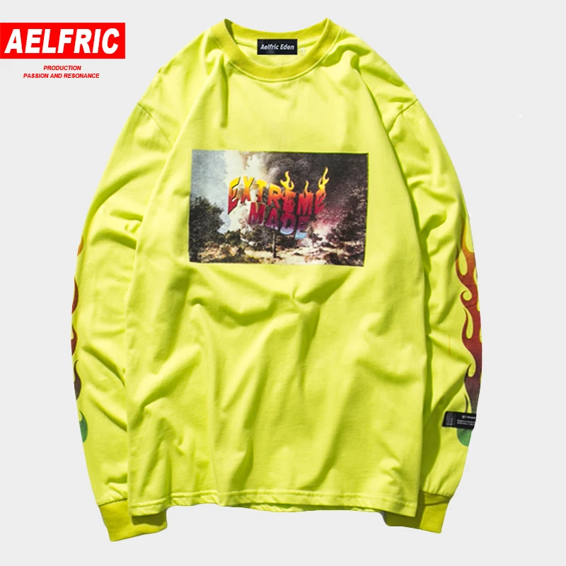 

AELFRIC 3d Print Flame Letter Long Sleeve T-shirts Men 2018 Harajuku Pullover Tee Shirts Vintage T Shirt Casual Streetwear Et12