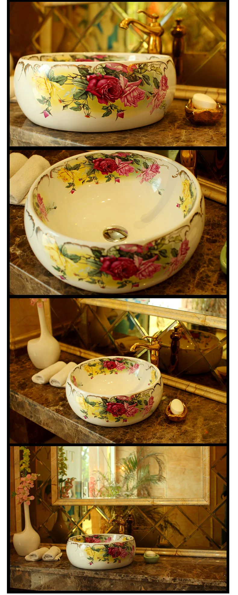 Rose China Artistic Painting Handmade Ceramic washing basin Bathroom wash basin Sink Counter top bathroom sink bowl (1)