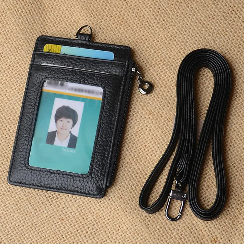Двойной держатель для ID бейджа со шнурком, кошелек для карт из натуральной кожи, 5 карт и слот, 1 Боковая Блокировка Rfid, карман на молнии, тонкий чехол для карт