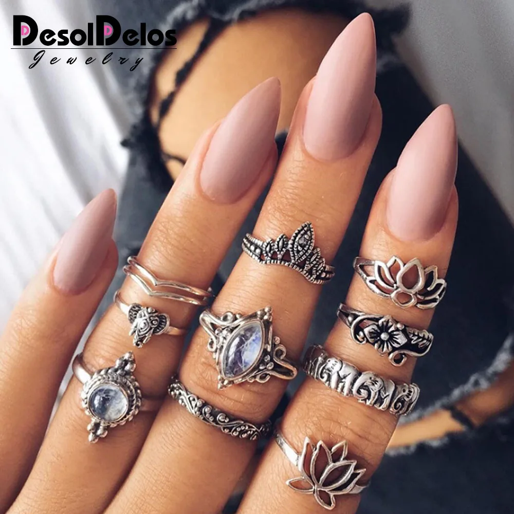 

10pcs/lot Fashion Women Female Alloy Hollow Out Bow Rings Sets Bohemian Boho Finger Ring Jewelry Kit for Women Girls Wholesale
