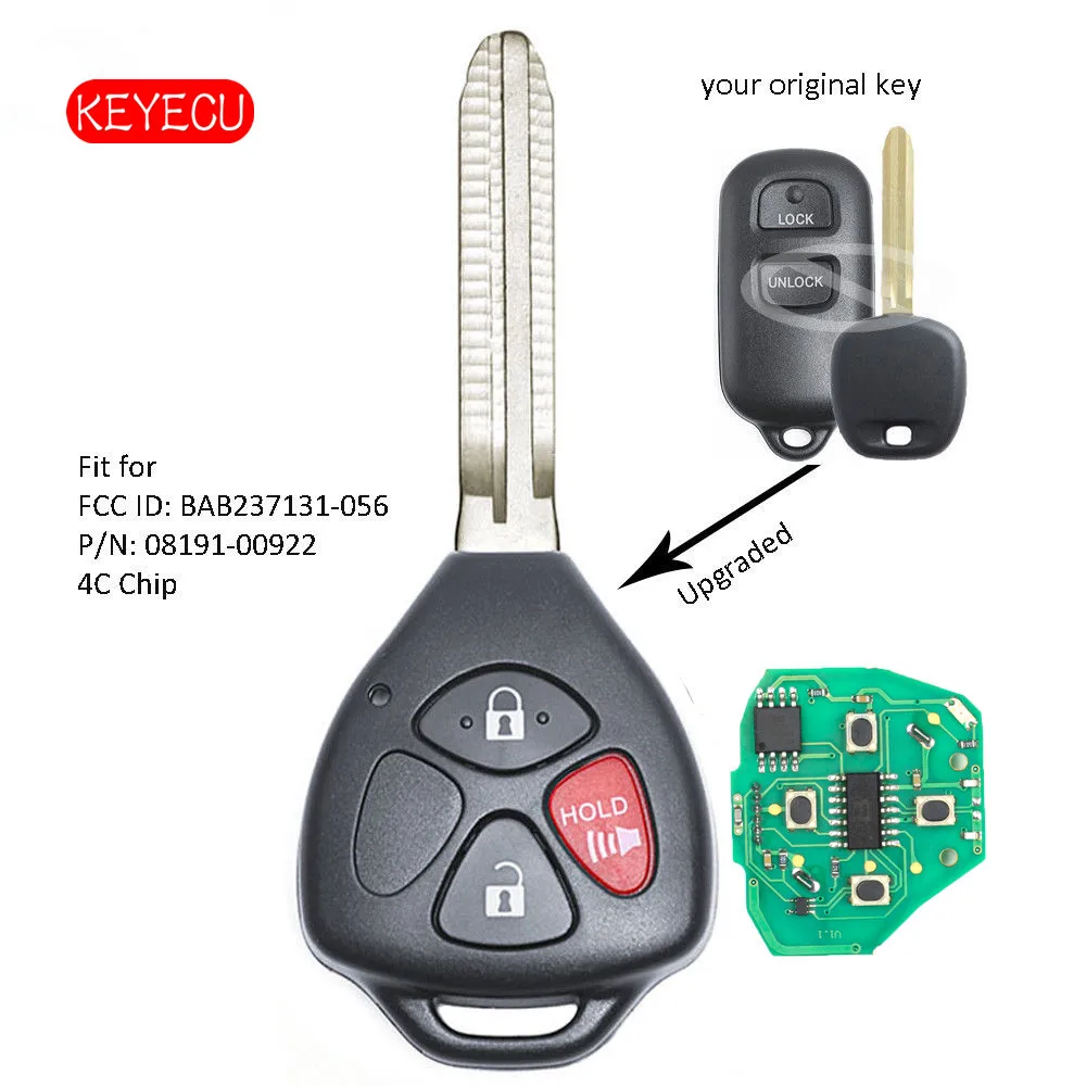 Keyecu Upgraded Remote Key 3 Button Fob 303MHz 4C Chip for Toyota