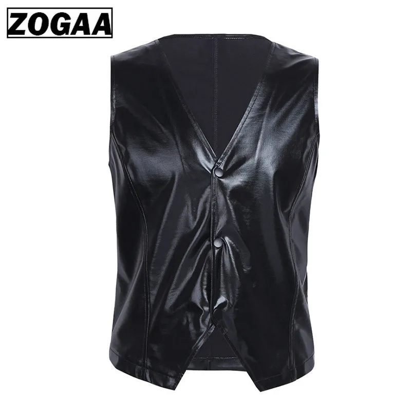 

ZOGGA 3 Color Soft Leather Men Vest Tops Snap Buttons Shiny Sexy Waistcoat Jacket Nightclub Party Stage Vest Men Leisure Suits