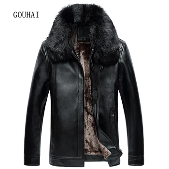 

2019 New Fur Collar Winter Jacket Mens Leather Jacket Plus Size Business Solid Fleece Cashmere Soft Leather Jacket Man L-6XL