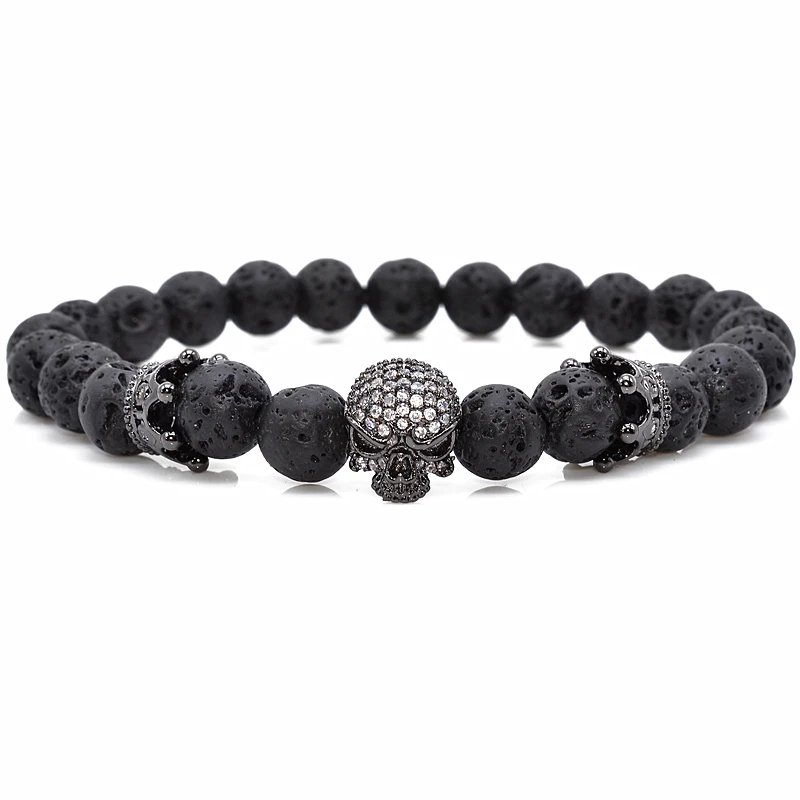 Marca de moda Natural pulsera de hilo de perlas Micro Pave CZ esqueleto cráneo negro roca de lava piedra energía hombres joyería Europea Buda|buddha jewelry|strand braceletsbracelet brand - AliExpress