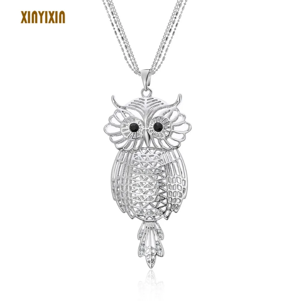 

New Fashion Silver Crystal Big Hollow Owl Necklace for Women Long Sweater Chain Cute Animal Owl Necklaces Party Jewelry Gifts