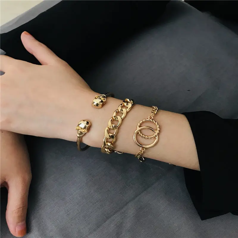 

Multi Layer Charm Double Hoop Chain Metal Bracelets Unique Skull Gold Color Bracelets For Women Bracelet Wedding Party Gift