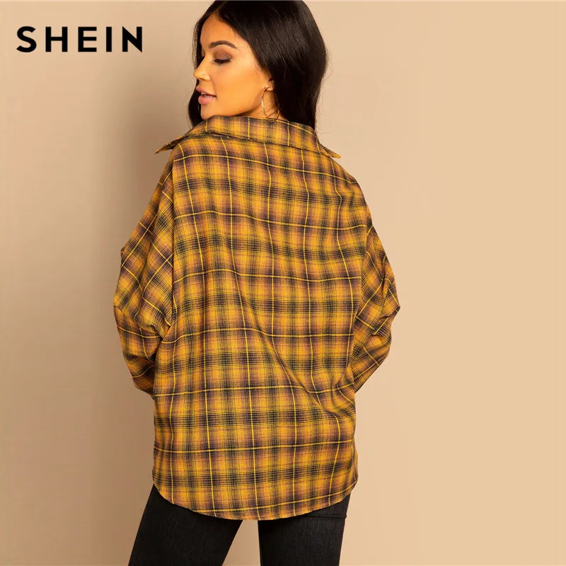 SHEIN Рубашка В Клетку С Заниженной Линией Плеч Блузка Свободного Кроя Длинным