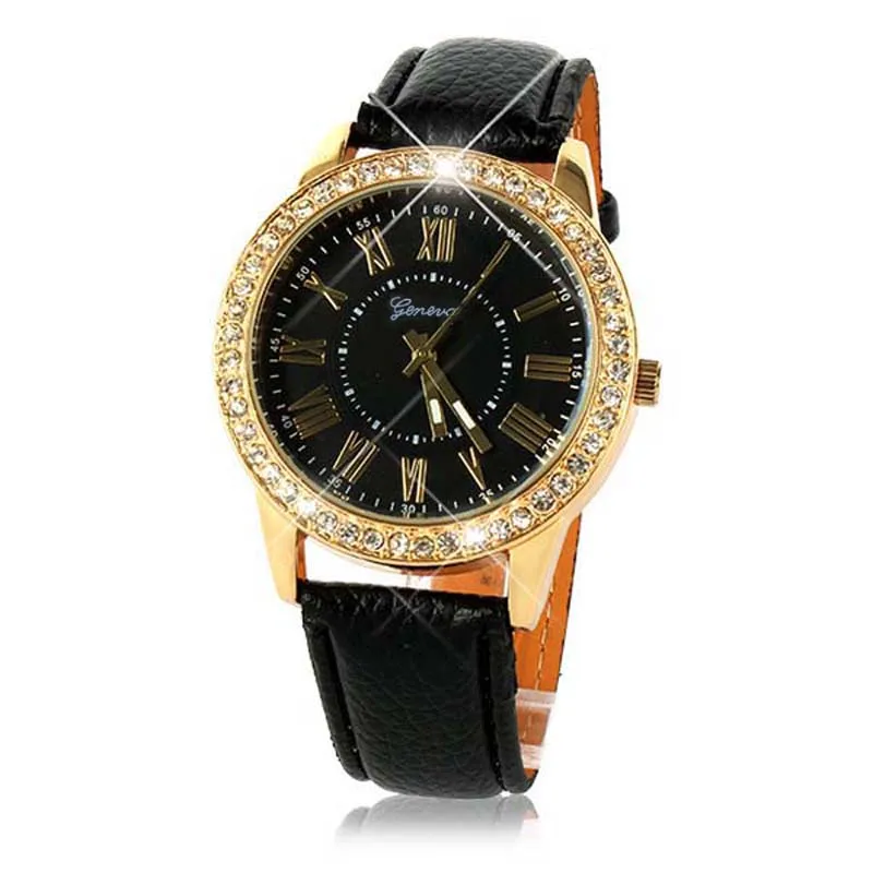 

Bling Gold Crystal Women‘s Luxury Leather Strap Quartz Wrist Watch New Reloj de dama free shipping W