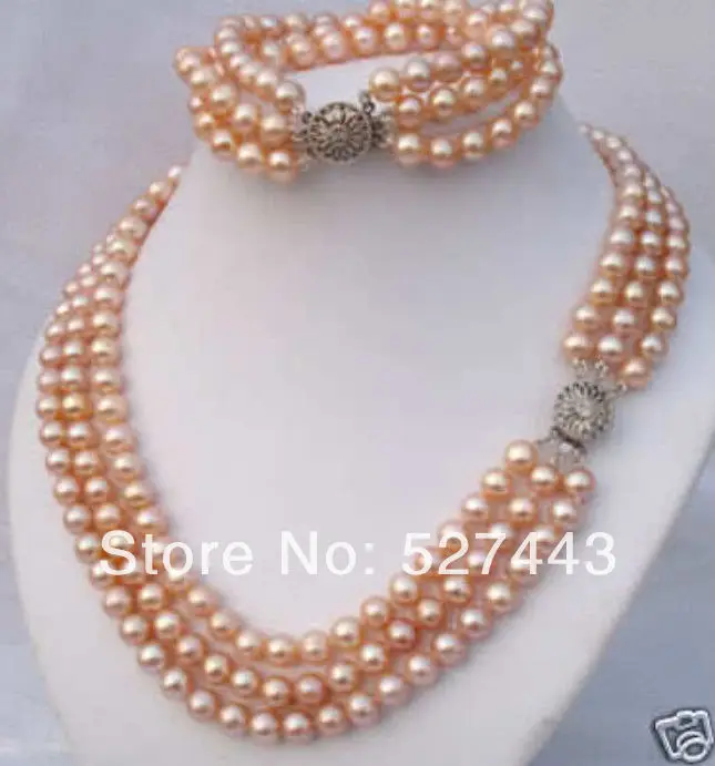 

Wholesale free shipping >>3Rows 7-8mm Pink Akoya Pearl Necklace Bracelet Set