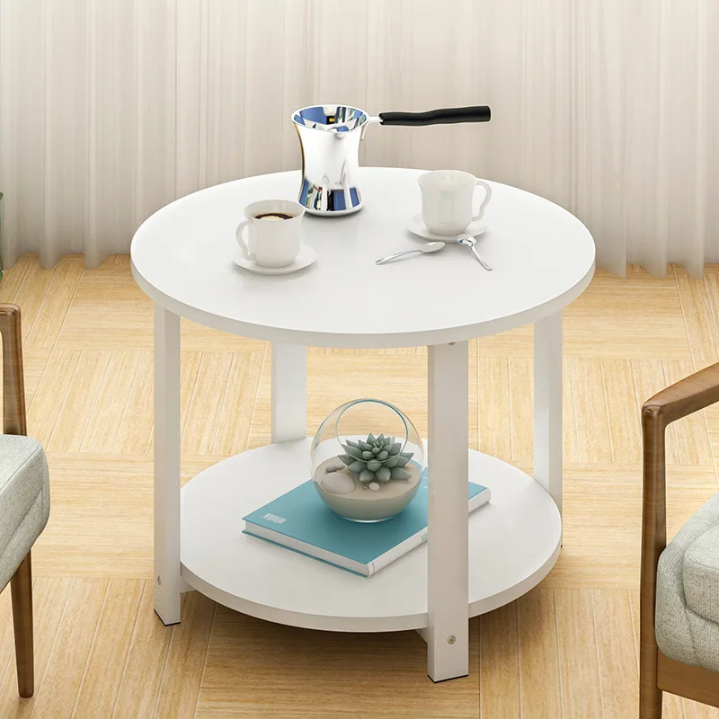 High Quality Round Coffee Table 2 Layers Side Desk Assembly Living Room MDF+Steel Storage Table M L Size