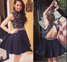 Sexy Backless Schwarze Kurze Cocktailparty-kleider Mini Perlen Spitze Appliques Satin Juniors Mädchen Partei Cocktailkleider