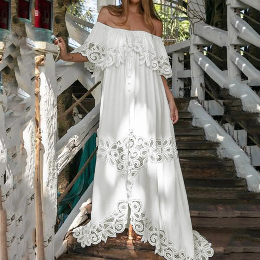 

JAYCOSIN Summer Dress Women Sexy Off Shoulder Lace Bohemian Maxi Dresses Elegant Slash Neck Party Dress Vestidos Dropship Z0708