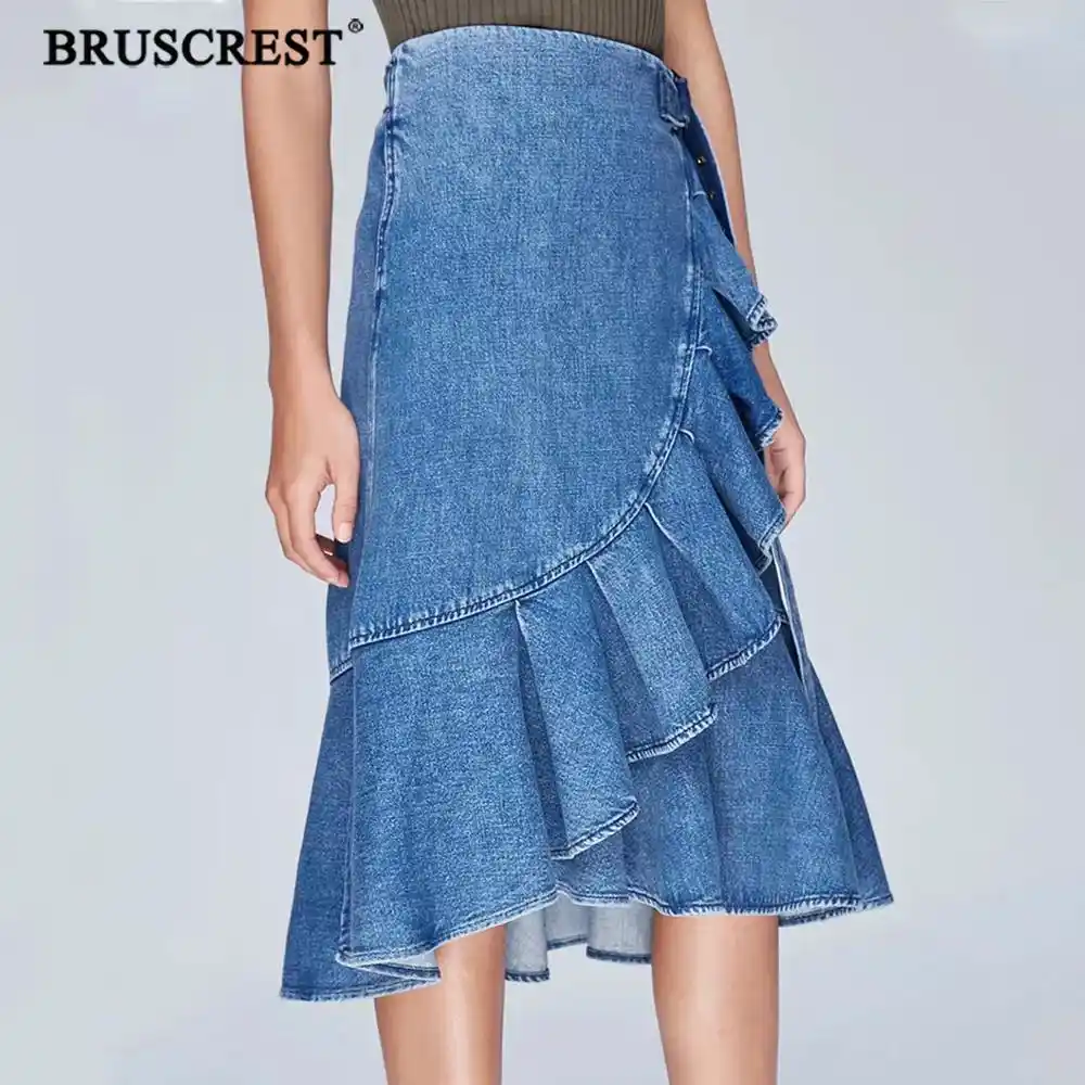 asymmetrical denim midi skirt