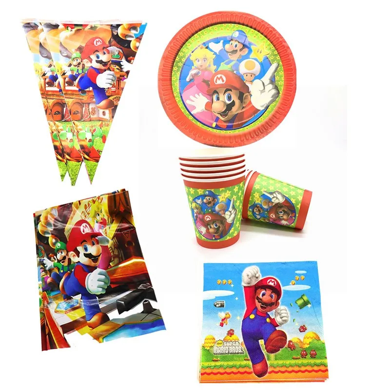 

Super Mario Theme Tableware Set Birthday Party Decorate Napkins Plates Cups Baby Shower Table Cover Hanging Banner 51PCS/LOT