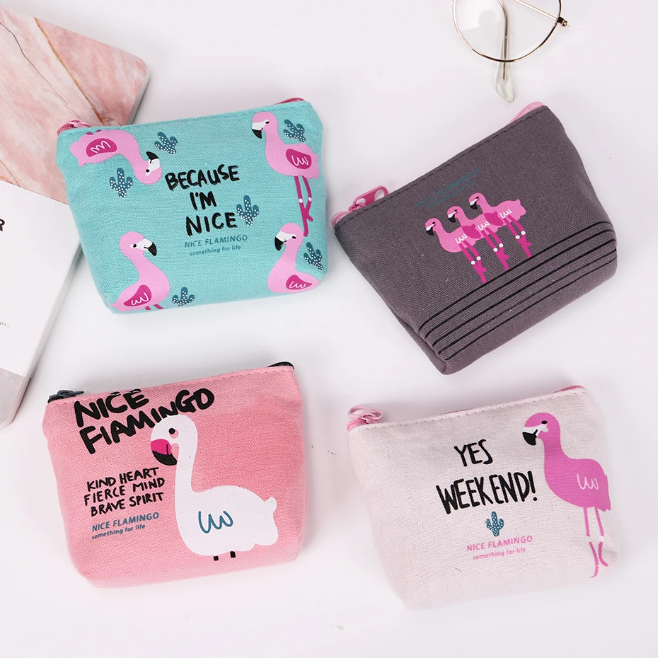 

1PC New Cute Purses Cartoon Bird Flamingos Canvas Coin Purses Wallet High Performance Price Ratio Zipper Card Bag