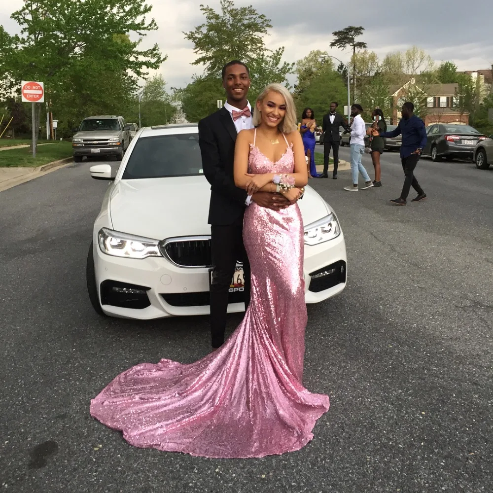 

Luxury Bling Rose red V Neck Sexy Evening Dresses 2019 Backless Prom Formal Dress Women Elegant Evening Gowns Long