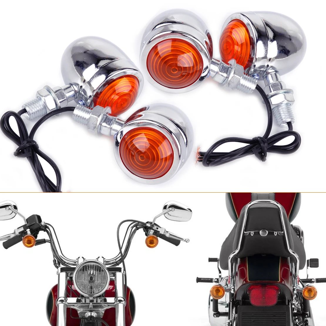 

beler New 4pcs Silver Chrome Plate Bullet Turn Signal Lights Indicator Lamp Fit for Motorcycle Harley Dirt Bike Honda Guzzi
