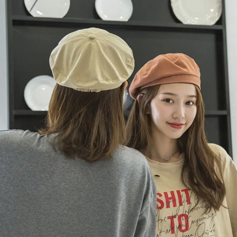 Women Girl Autumn Cotton Beret Cap Harajuku Solid Color Minimalist Retro Adjustable Elastic Octagonal Painter Student Beanie Hat