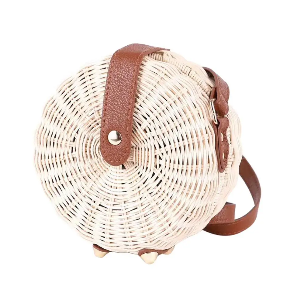 

Handmade Rattan Woven Round Beach Bag Vintage Woven Bag Natural Fashion Rattan Shoulder Bags For Women Simple Style
