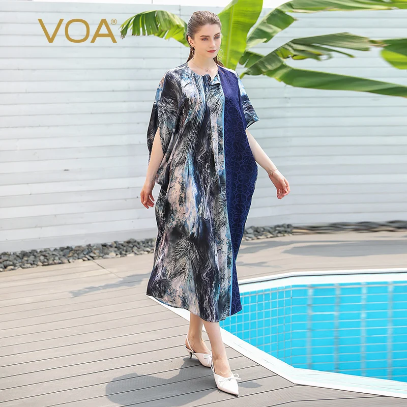 

VOA Silk Robe Stain Muslim Dresses Women Clothes Casual Loose Plus Size Long Dress Printed Bat Sleeve Abaya Dubai Kaftan A701