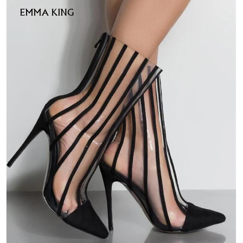 

New Fashion Black Ankle Boots Patchwork Transparent PVC Pointed Toe Botas Mujer High Heel Motorcycle Shoes Woman Heels Ladies