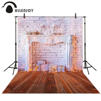 

Allenjoy christmas photography backdrops Christmas background gifts white brick wall wooden floor bulbs table for baby for kids