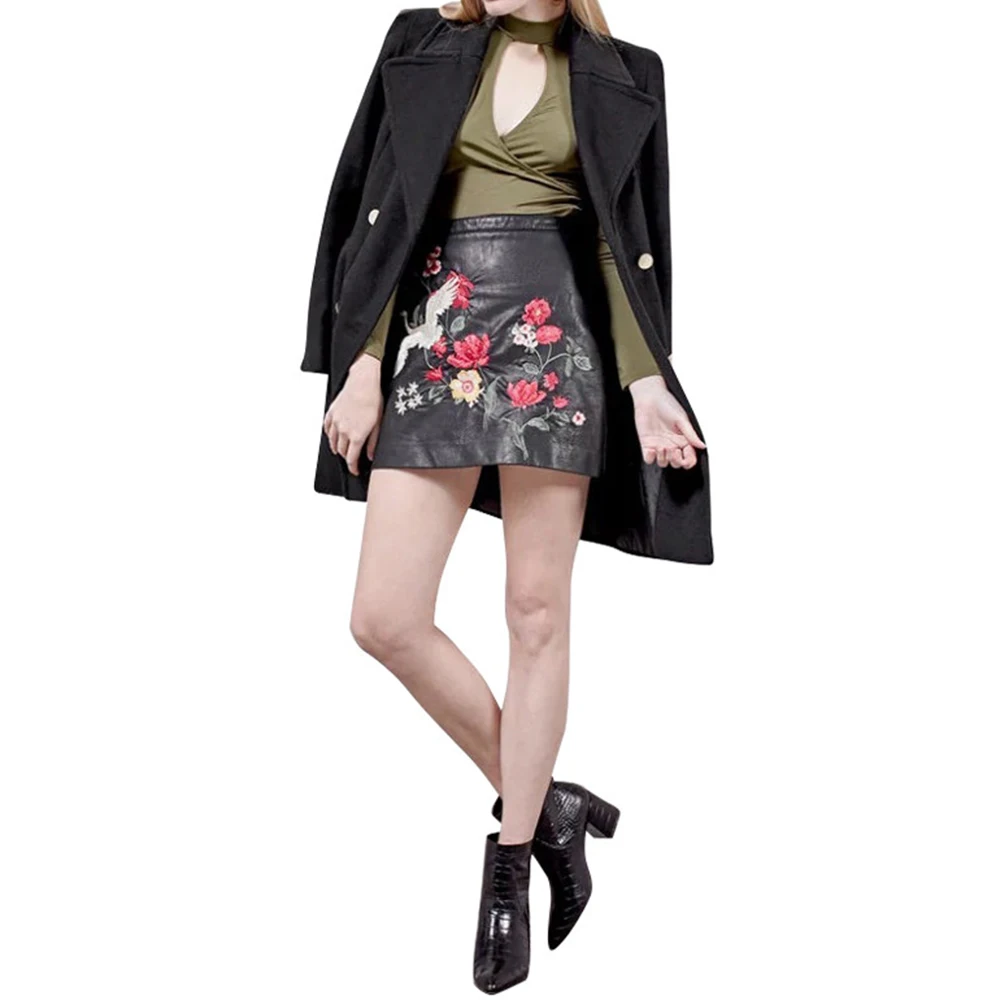 VESTLINDA Black Skirt Floral Embroidery Vintage PU Leather Pencil Skirt Women Slim High Waist Zipper Mini Ethic Plus Size Skirts 11