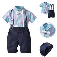 Летний Костюм Джентльмена для маленьких мальчиков клетчатая рубашка с галстуком-бабочкой комплект шорт на подтяжках