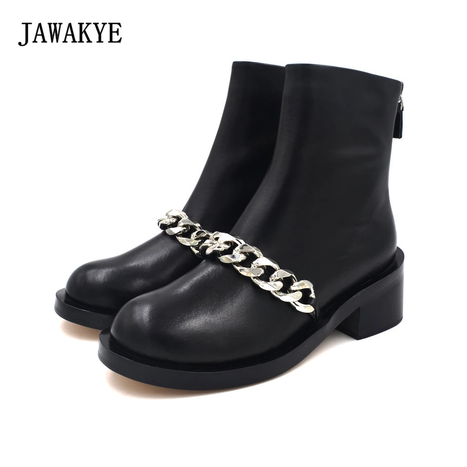 JAWAKYE Round Toe Silver Chains Studded Ankle Boots Women Flat Heel Genuine leather Winter Shoes Motocycle Boots for Women jawakye round toe silver chains studded ankle boots women flat heel genuine leather winter shoes motocycle boots for women