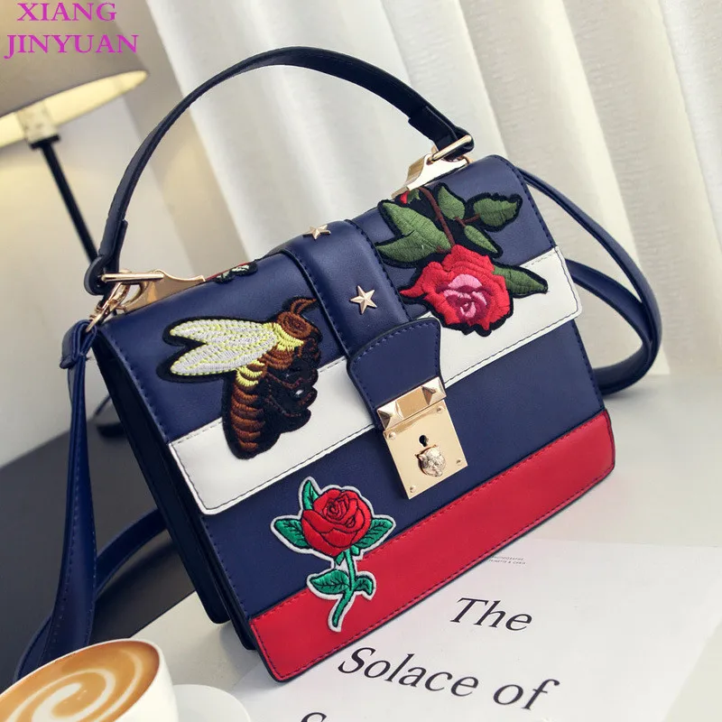 

XIANGJINYUAN 2018 New Kpop Fashion Bee Floral Embroidery Women Messenger Bags Graceful Joker Contrast Color Hasp Shoulder Bag