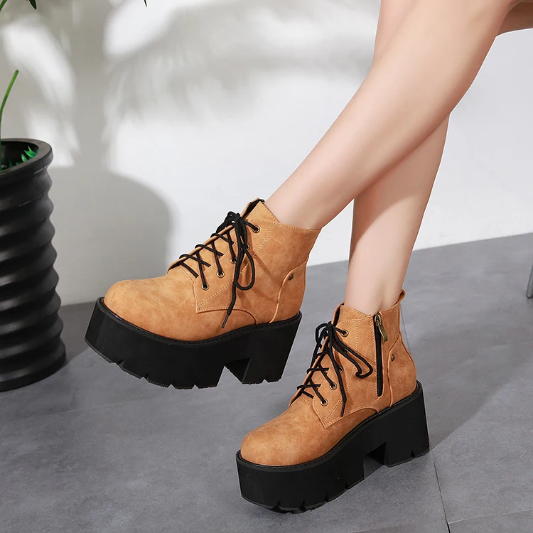 

GBHHYNLH Women brown boots high Thick Heels gladiator boots Casual Shoes platform boots women Autumn shoes punk boots LJA447