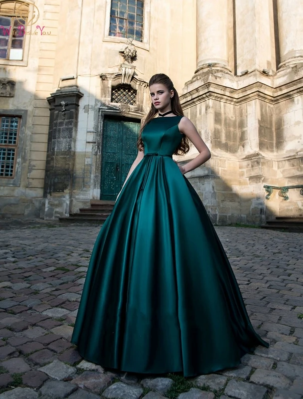 

Green Prom Gown Elegant Simple Style Boat Neck Sweep Train A-line Satin Belt Sleeveless Lace-up Back Pleat Pockets Evening Dress
